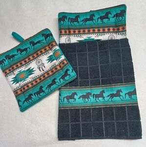Teal and Black Aztec Horse Pattern Hanging Kitchen Towel And Potholder Set